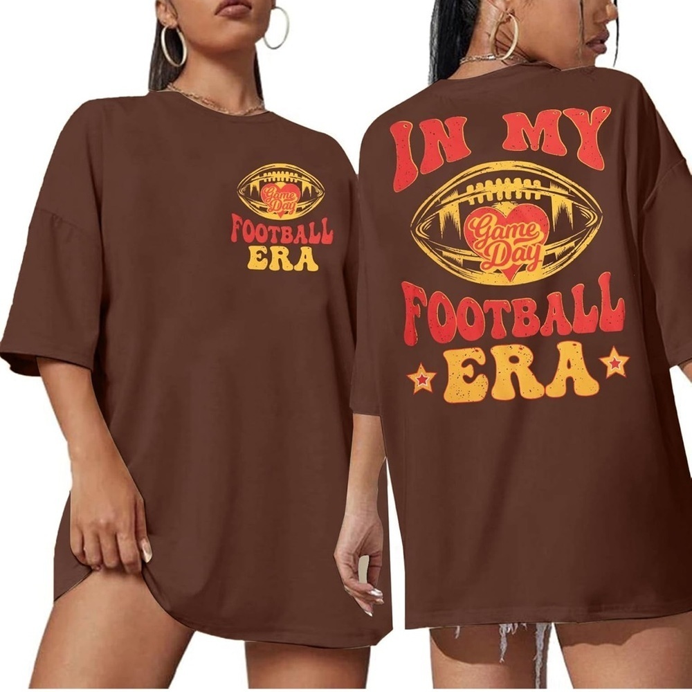 Brown Football Graphic T-Shirt Mom Era Short Sleeve Small New